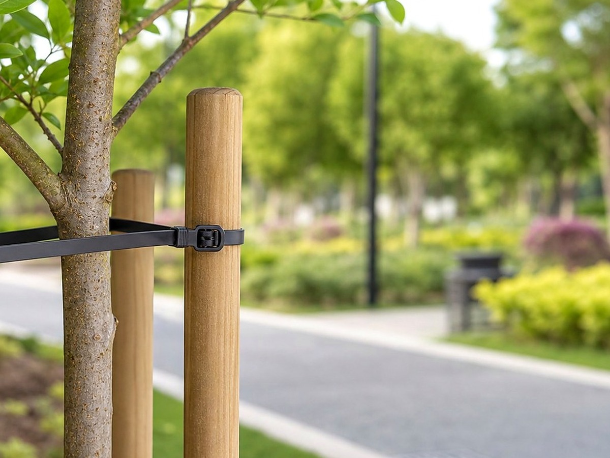 Nursery tree support route with wooden stakes and support tie context