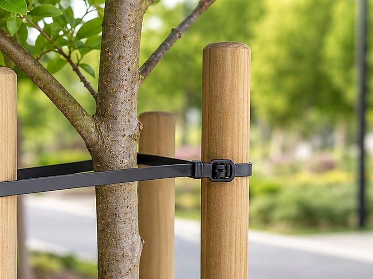 Tree support tie contact detail around trunk and wooden stake
