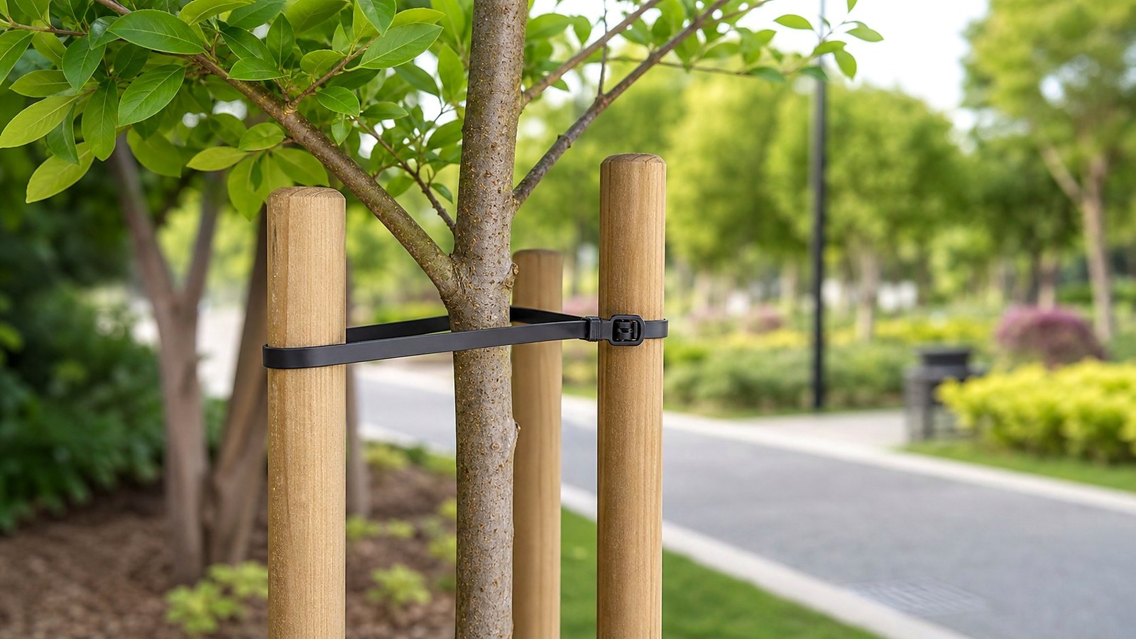 Young tree supported with a tie and wooden stakes