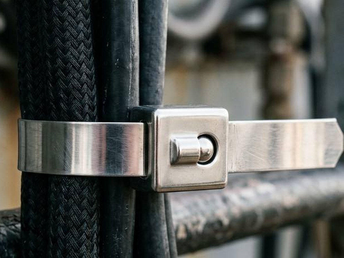 Stainless steel tie detail showing closed-loop cable fixing for severe-duty wind route reference