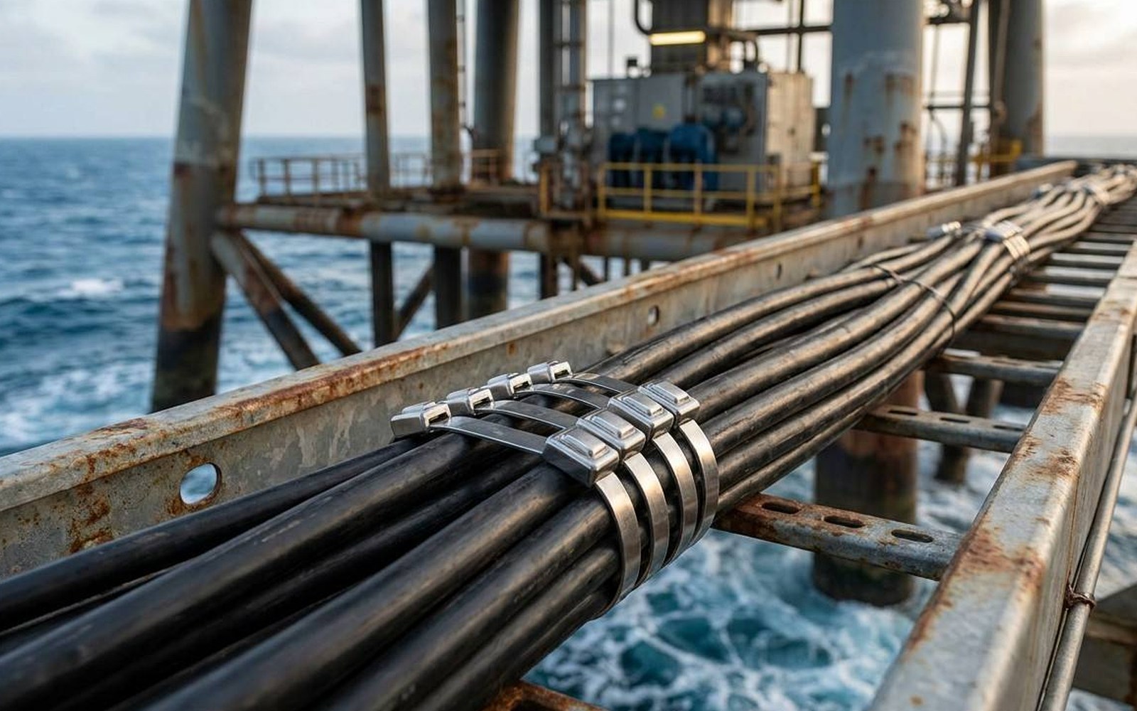 Offshore wind severe-duty cable route with stainless steel ties securing black cable bundles on exposed tray