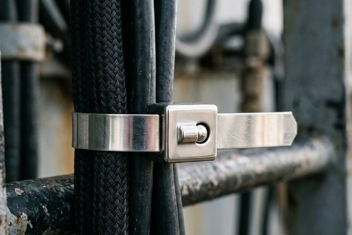 Close-up stainless steel tie fixing black cable bundle in offshore severe-duty environment