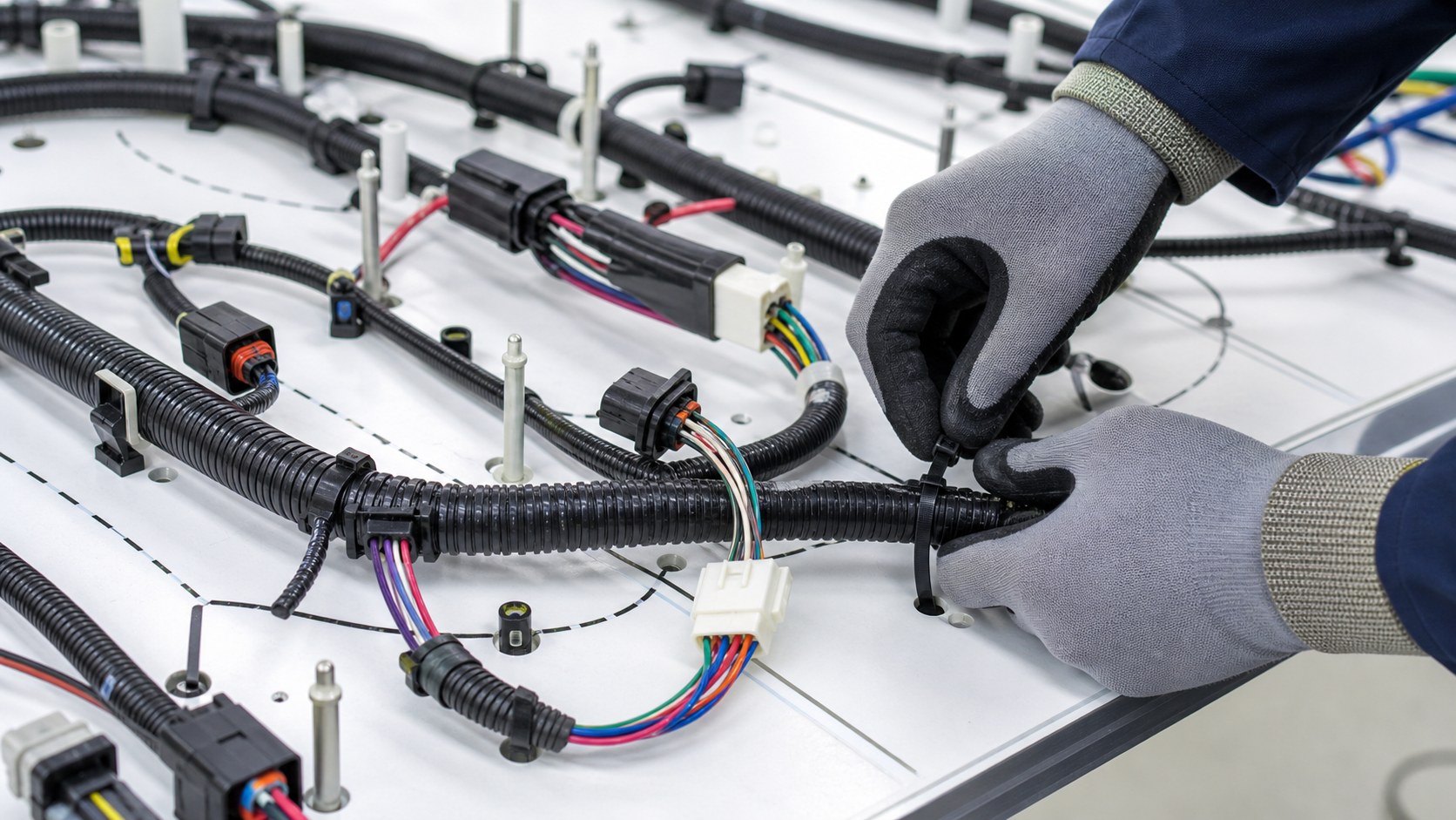Wire harness assembly board with corrugated loom and nylon cable ties