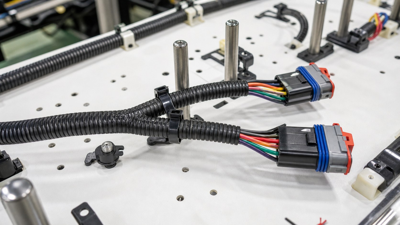 Wire harness branch routing with corrugated loom, connectors and tie points