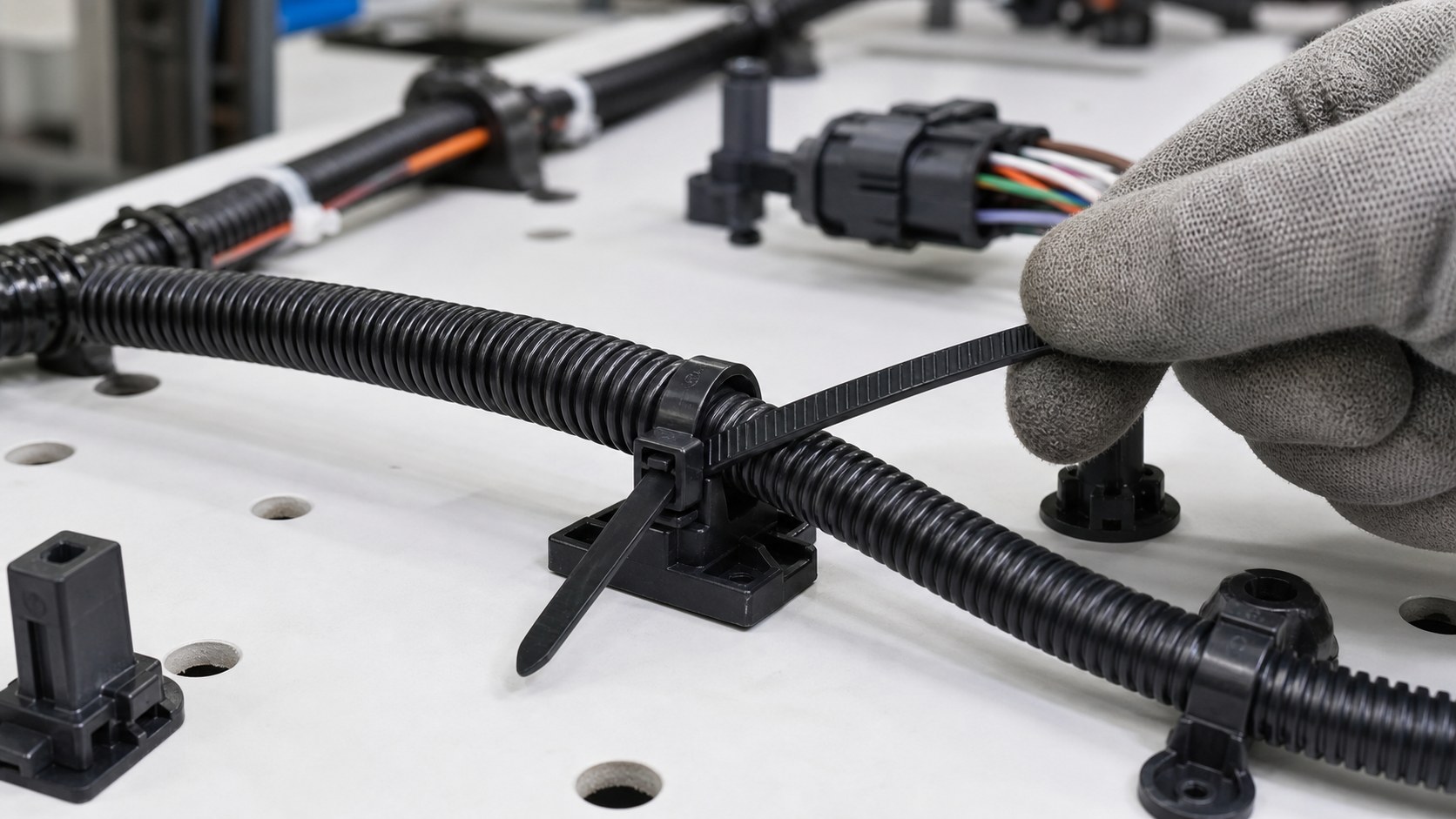 Installing a nylon cable tie around corrugated loom and mounting base