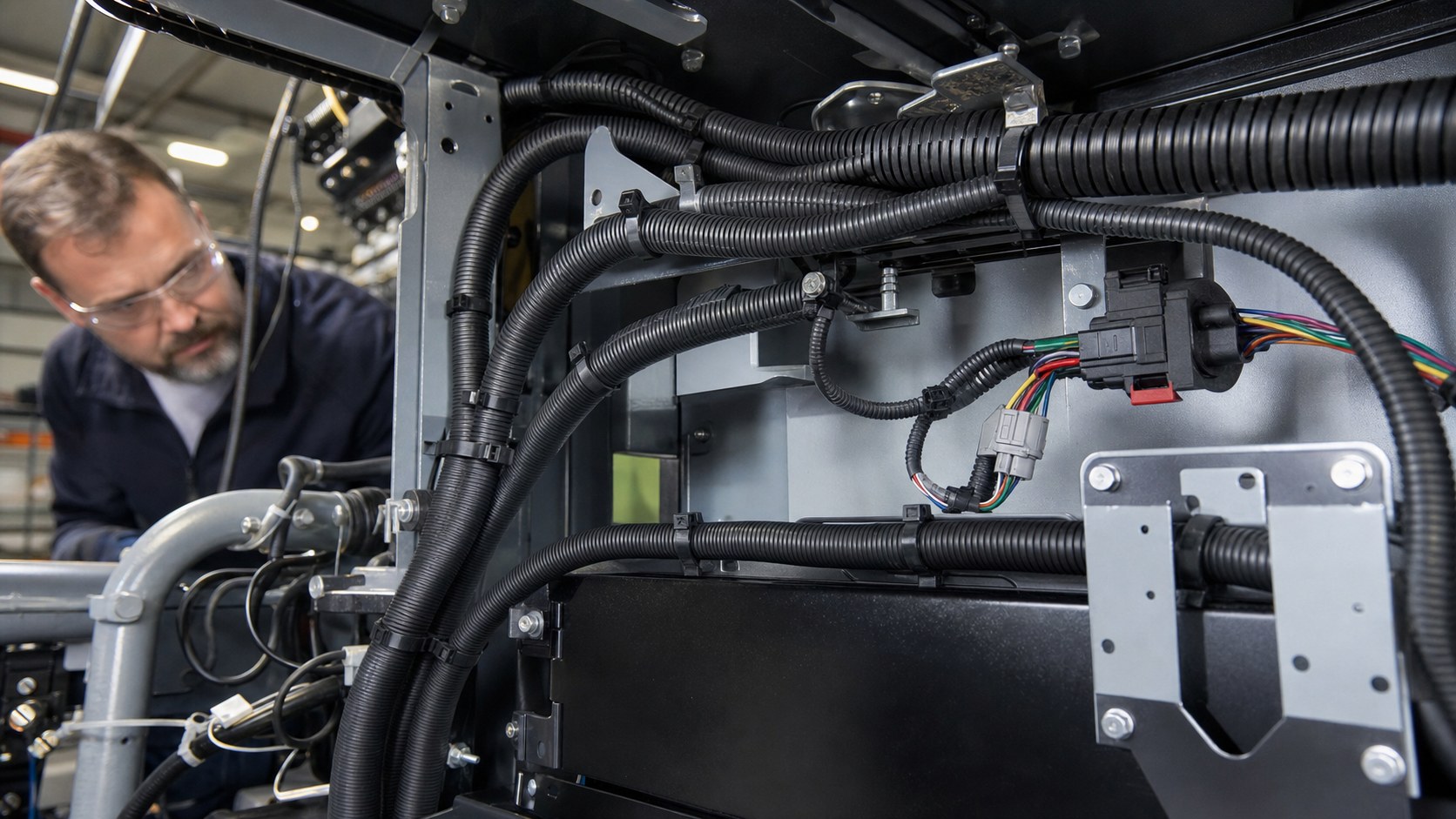Industrial machinery wire harness route secured with cable ties and clips