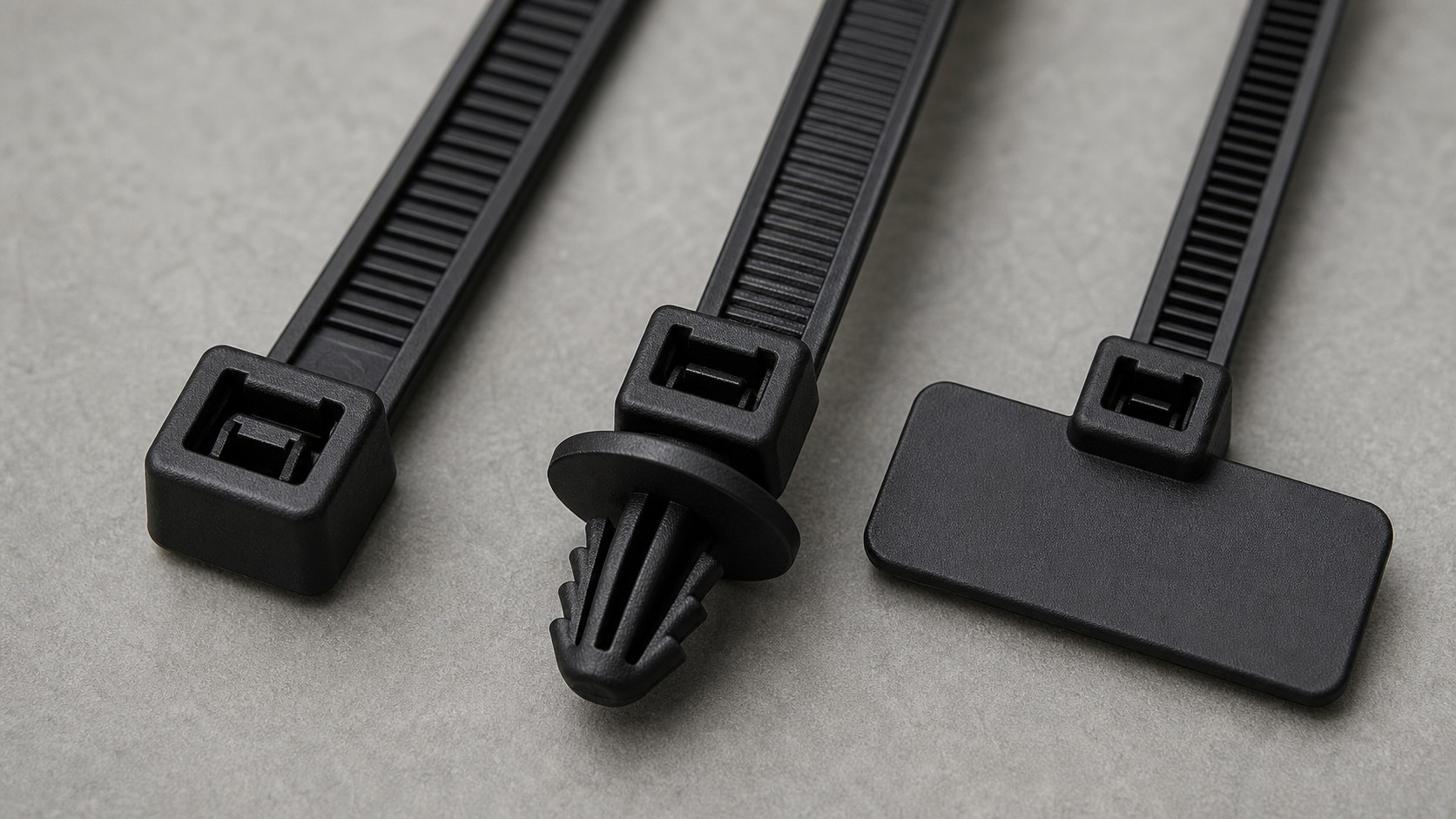 Cable tie locking head, push mount and marker tie detail for wire harness use