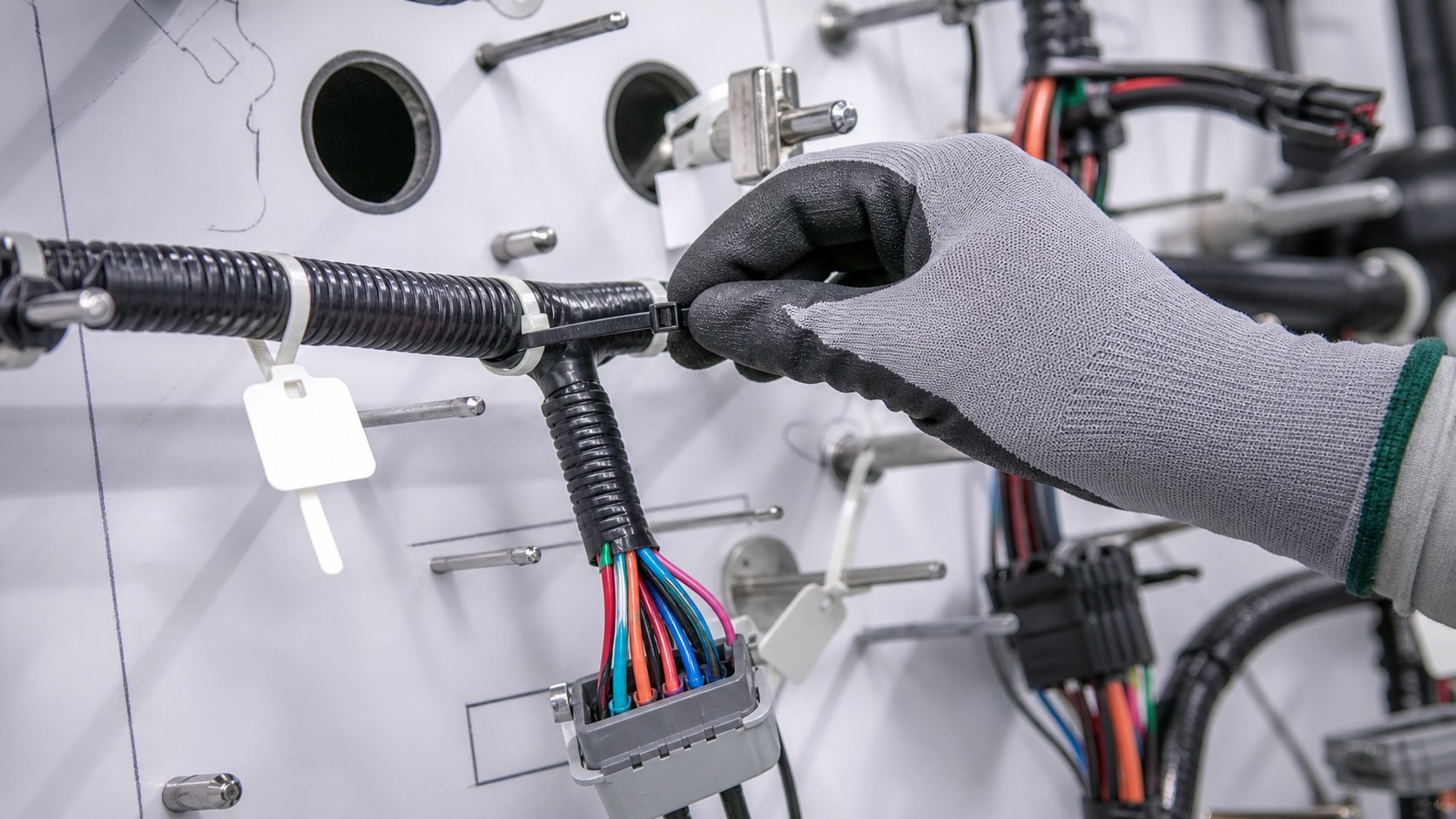 Technician checking wire harness cable tie spacing on assembly board